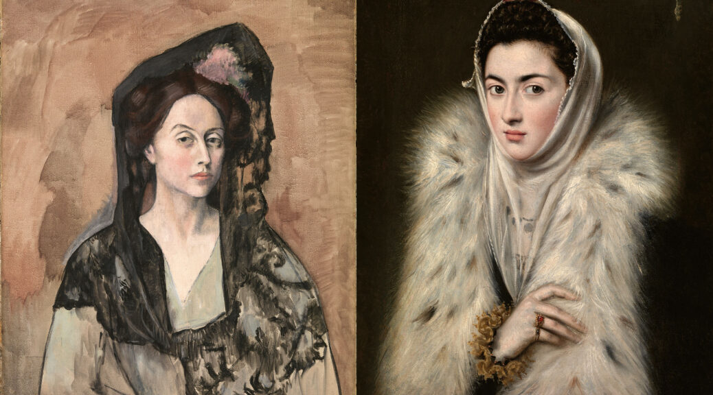 links: Pablo Picasso, Mme Canals (Benedetta Bianco), 1905, Museu Picasso, Barcelona – rechts: Alonso Sánchez Coello, zugeschrieben, Die Dame mit dem Pelz, um 1580/88