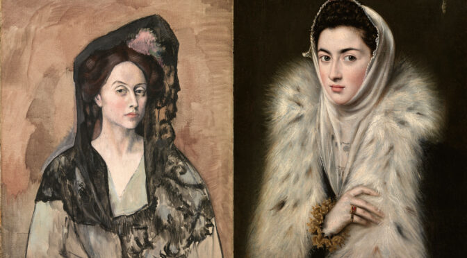 links: Pablo Picasso, Mme Canals (Benedetta Bianco), 1905, Museu Picasso, Barcelona – rechts: Alonso Sánchez Coello, zugeschrieben, Die Dame mit dem Pelz, um 1580/88